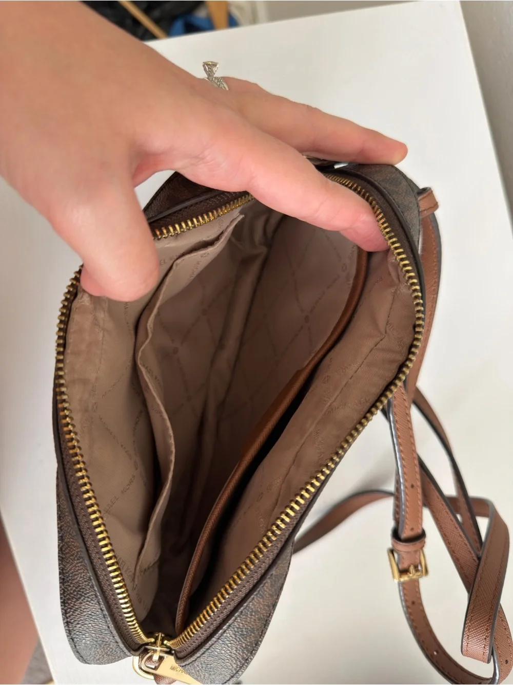 Michael Kors Brown Monogram Crossbody with Gold Trim
